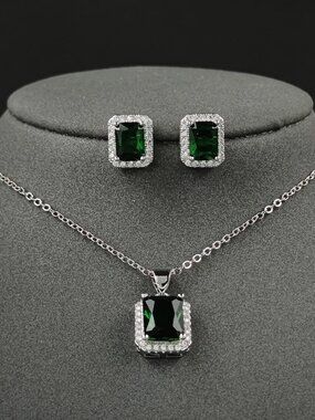 NEW 925 Sterling Silver Set of 2 Emerald Diamond Necklace and Earrings Studs